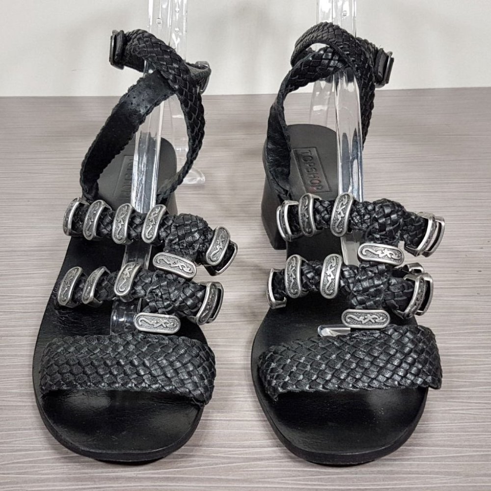 Top Shop Black Braided Leather Sandals With Metal Decals Womens Size 7 / 37